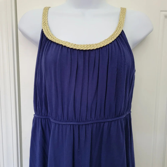 Style & Co Macys Navy Blue Jersey Knit Dress Gold Braid Trim Grecian Size M - Picture 2 of 10